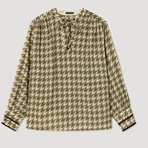 Skatie Brand Olive Houndstooth Blouse with Contrast Trim Cuffs - Size [S/M]
